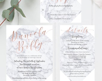 Wedding Invitation, Set, Marble, Rose Gold, Modern, Minimal, Grey, White, Simple, Calligraphy, RSVP Card, Details Card, Bride, Groom