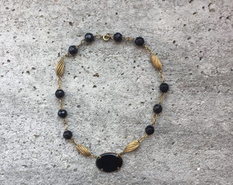 1930s Brass and Glass Necklace // Vintage 30s Brass Beaded Black Glass Beaded Necklace // Vintage 1930s Necklace