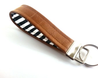 Trendy Keychain, Modern Key Holder, Striped Fabric, Leather Key Fob, Faux Leather, Black and White, Wristlet Key Fob