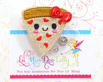 Pizza ID Badge-Embroidered Felt Badge Reel-Pizza Badge- Glitter Badge-Retractable ID Badge Holder- Badge Reel Clip (Set of 1)