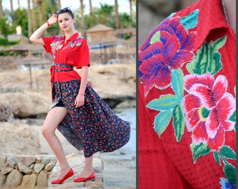 Women's shirt dress, Upcycled long Dress, folk hippi dress, red blue dress, Boho Ethnic style, Gypsy Maxi Dress, Colorful summer, Embroidery