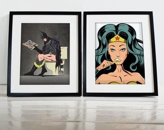 Batman On the Toilet and Wonder Woman Brushing Teeth Bathroom Restroom Poster Wall Art Hanging Print Home Décor
