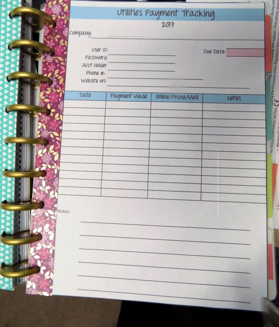 Utilities Payment Tracker PRINTABLE for Classic Happy Planner