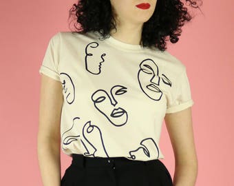 Faces Print T-shirt - Black on Natural