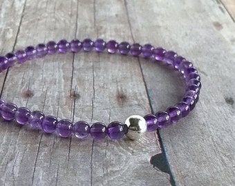 Genuine Amethyst Bracelet / Purple Stone Stretch Bracelet / Stackable Sterling Silver Bead Bracelet / Semi Precious Stone Jewelry