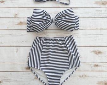 Bikini High Waisted Swimsuit - Vintage Nautical Sailor Style High Waist Pin-up Bow Swimwear - Bold Retro Navy White Striped Bathing Suit