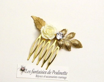 Peigne mariage fleur rose et cristal, accessoires bohème, bijoux de mariées, peignes mariées, Bridal jewelry resin flower haircomb, bohemian