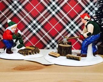Department 56 Snow Village "Chopping Firewood" Handpainted Ceramic Figuines