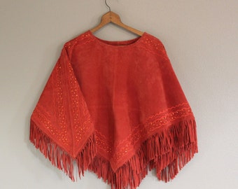 Vintage SUEDE LEATHER Poncho *Bright Red Beaded Fringed Hippie Festival Wear *Retro Rockabilly Western Rodeo Cape With Tags -Women's Small