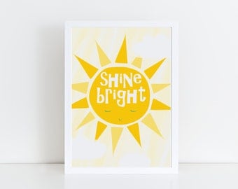 Nursery Sunshine Print, Shine Bright Sun Print, You Are My Sunshine Wall Art, Inspirational Quote for Kids Room, Cute kids wall art, sun art