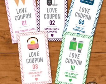 Printable Romantic Love Coupons -INSTANT DOWNLOAD, Valentines Day, Anniversary , Coupons for Him, Coupons for her