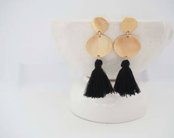 Black Tassel and Gold Circle Post Earrings