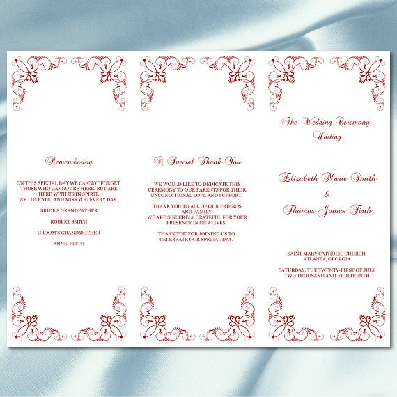 Trifold Wedding Program Template Red Elegant Tri Fold