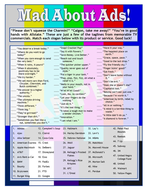 Mad About Ads TV Slogans Printable Matching Game TV Trivia