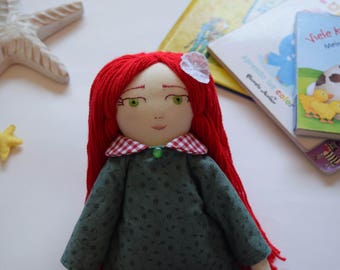 cloth doll, red hair handmade ragdoll, handmade cloth doll, muñeca de trapo, muñeca de tela, heirloom doll