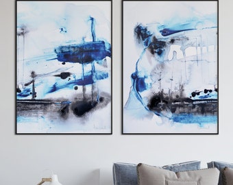 Abstract Art Print Set, 2 Navy Blue and White Abstract, digital downloads, Printable Abstract, instant download, Print Sets, Art A2, Art set