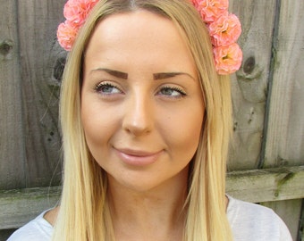 Small Peach Carnation Flower Garland Headband Hair Crown Floral Bridesmaid 1918