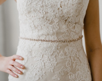 Thin Rose Gold Bridal Belt | Crystal Bridal Sash | Rhinestone Wedding Belt | Skinny Rose Gold Bridal Sash Belt | Rose Gold Astrid Sash