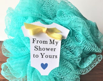 From My Shower to Yours Baby Shower Favor Tags (2.5" Wide), White Baby Onesie Favor Tags, Soap/ Lufa/ Shower Gel Favor Tags