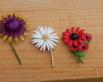 Vintage Enamel Floral Brooches White Floral Trifari, Red Flower Brooch & Purple with Yellow Pin SET of 3 Retro Floral Jewelry, Daisy Brooch