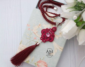 Tassel Necklace Boho Chic Necklace Long Red Necklace Soutache Necklace Beaded Statement Necklace Swarovski Crystal Jewelry