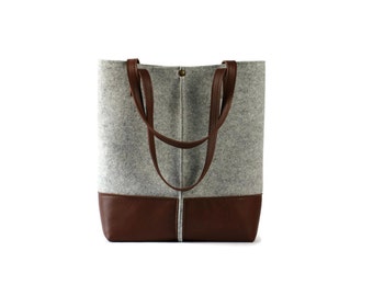 FREE SHIPPING,Leather tote bag, handmade bag,felt bag,felt & leather shoulder bag, tote large tote bag, felt tote bag