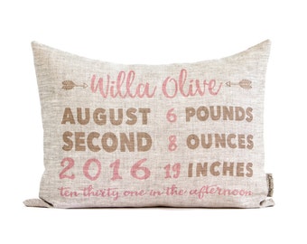 Personalized Rustic Baby Gift, Birth Announcement Pillow, New Parents, New Baby, Rustic Linen, First Birthday Gift
