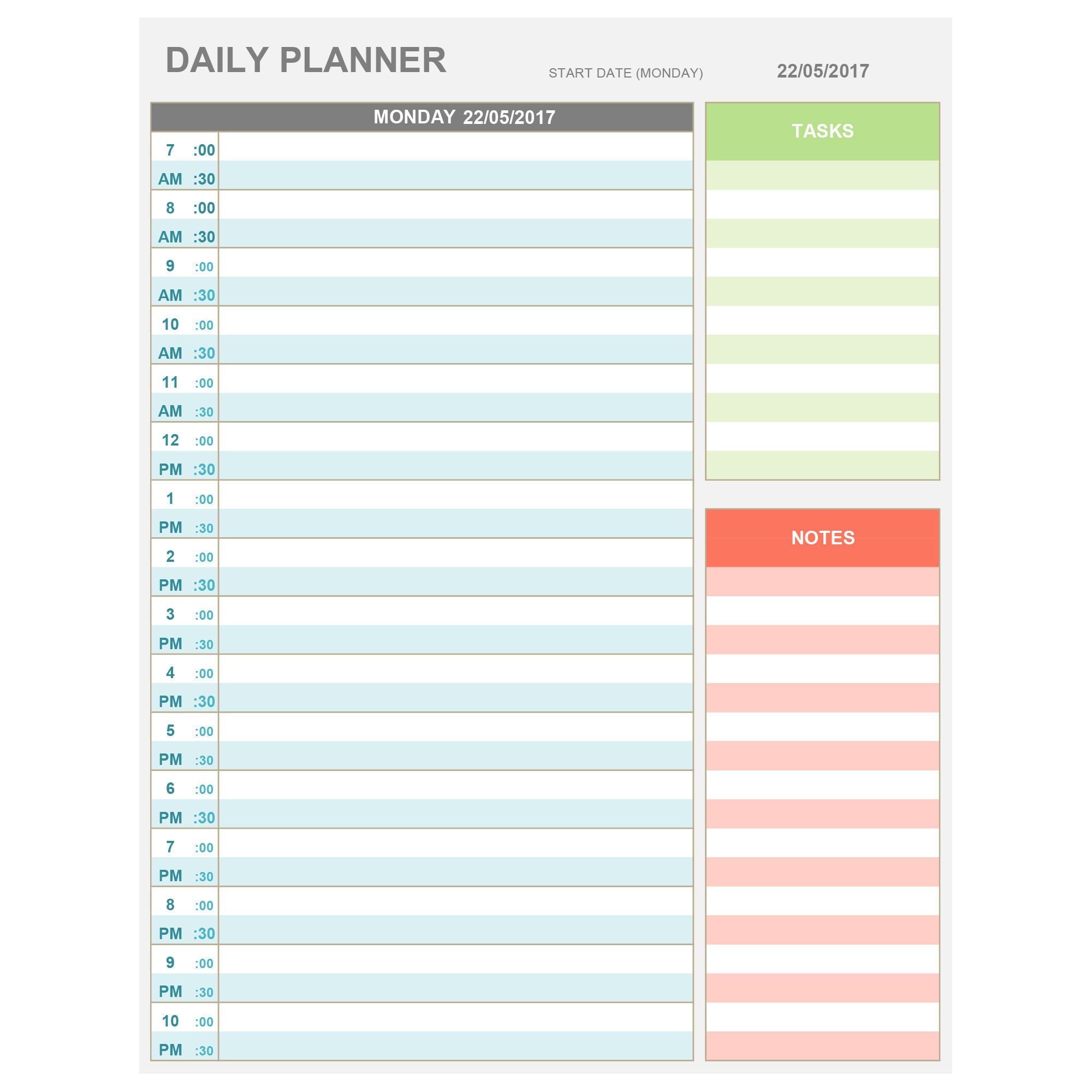 EXCEL Daily Hourly Planner Printable & Editable. Daily