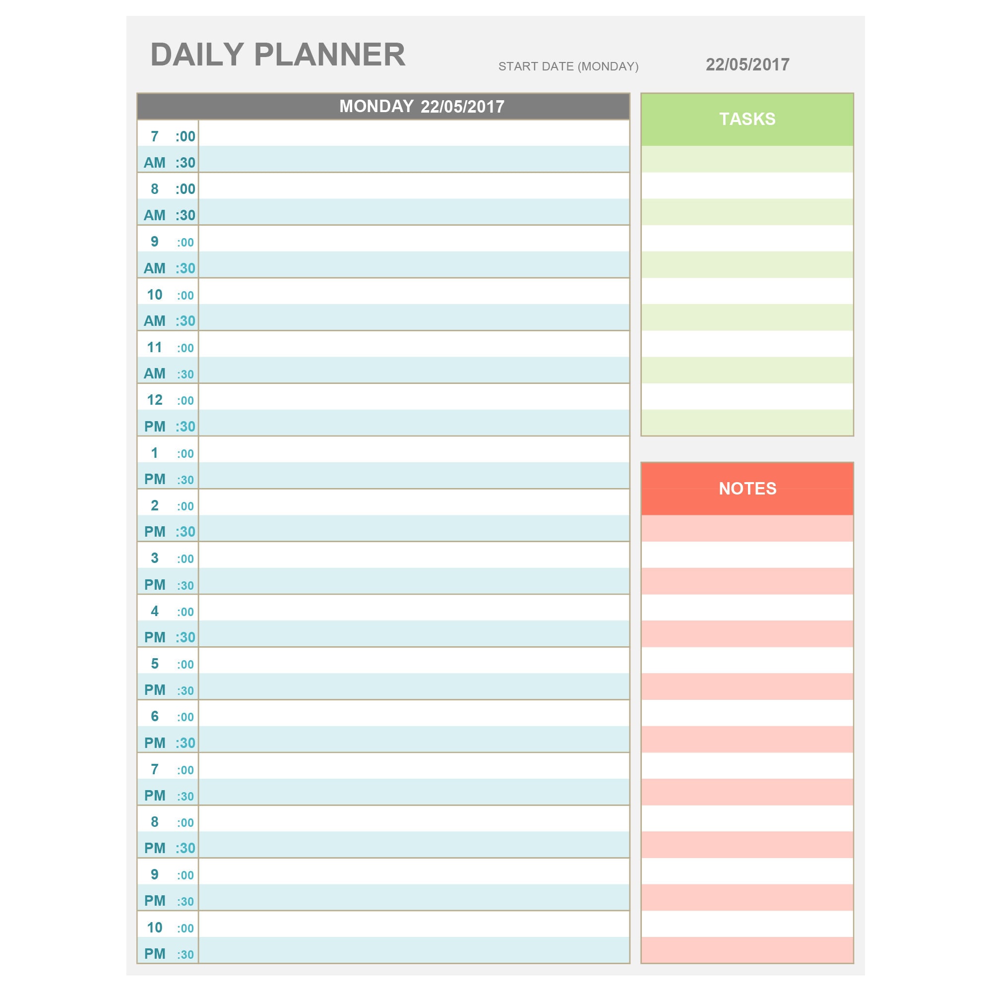 EXCEL Daily Hourly Planner Printable Editable Daily