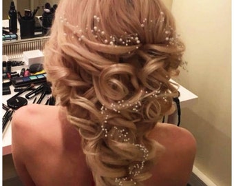 Wedding pearl hair vine Bridal hair vine Pearl headpiece Long Hair piece Babys breath headband Silver Halo Pearl Wreath Bohemian Hairpiece