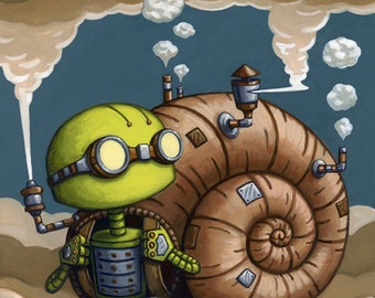Robot snail art print, cute "Runaway" 8x8"