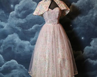 Vintage 1950s 2 Piece Set Floral Strapless Tulle Dress with Capelet - Size X Small