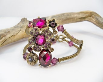 Bronze and Purple Rhinestone Bracelet, Beaded Bracelet, Cuff Bracelet, Purple Crystal Bracelet, High Fashion Jewelry, Double Strand Bracelet