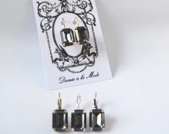 Black Crystal Earring, Vintage Swarovski Morion Grey Earrings, Grey Crystal Earrings, Mourning Jewelry, Goth Earring, Vampire Jewels Gothic