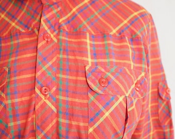 Vintage 70s Plaid Shirt, 1970s Button Up Shirt, Red, Peter Pan Collar, Western, Long Sleeve