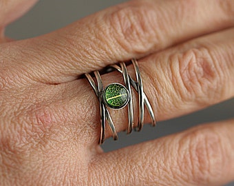 New: Sterling Silver ring with real leaf. Multiple bands with tiny leaf in resin and glass. Adjustable. Nature inspired gift for her.