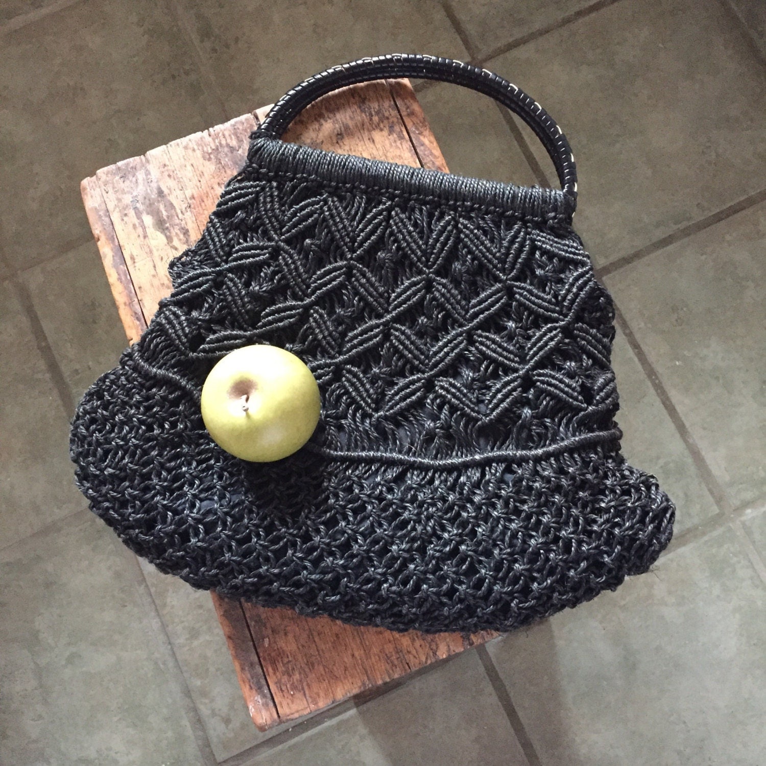 Black Macrame Purse Vintage Woven Sisal Hand Bag Sisal