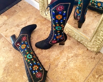Vintage 60s Jerry Edouard Black Canvas Boot 6 1/2 to 7. Mirror Paillette Embroidered Hippie Boho Boot. Almost Famous Jerrold Penny Lane Boot