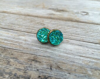 Green Druzy Earrings, Faux Druzy Earrings, Bronze Druzy, Stud Earrings, Gifts for her