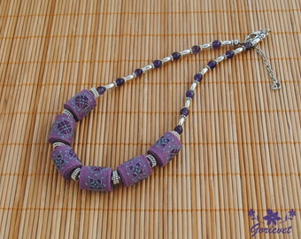 Amethyst necklace bib necklace purple jewelry gift for women Fabric necklace embroidered jewelry boho chic necklace Anniversary gift for her