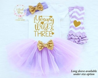 Third Birthday Outfit Girl, 3rd Birthday Outfit, Three Birthday Outfit, Young Wild & Three Shirt, 3 Birthday Shirt, Birthday Outfit BT2