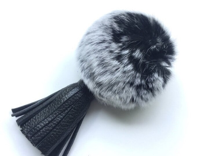 Black Frost Rex Rabbit Fur Pompon bag charm pendant Fur Pom Pom keychain with real leather tassel