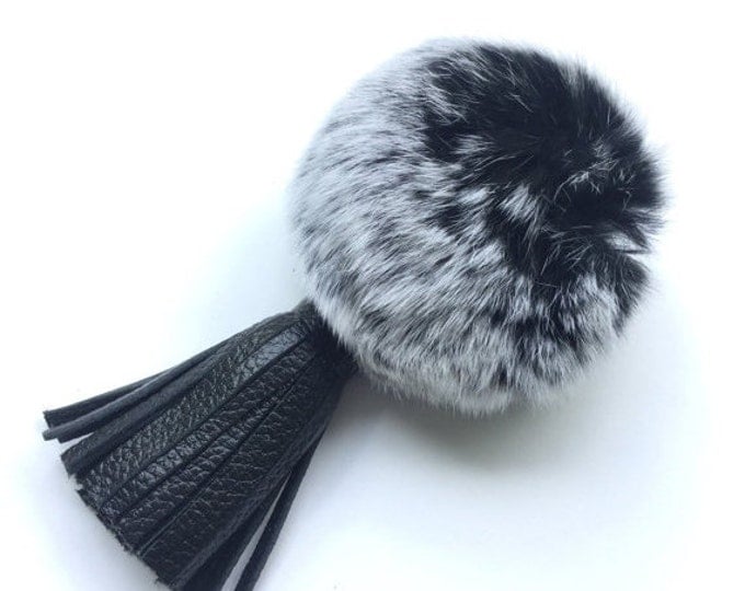 Black Frost Rex Rabbit Fur Pompon bag charm pendant Fur Pom Pom keychain with real leather tassel