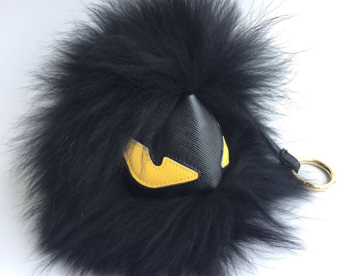 Classic Monster Keychain Fur Pom Pom Chain Ball Bobble Key Ring Bag Pendant Charm with Strap and Metal Buckle - Real Fur