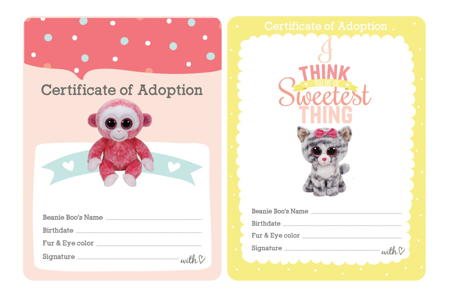 Certificate of Adoption Beanie Boo Birthday Party by Bee3Shop