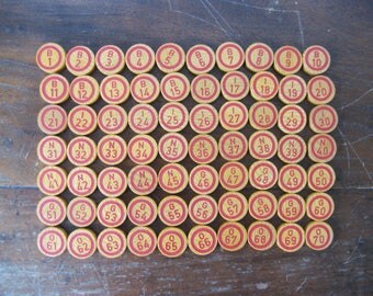 Vintage Wooden Red Bingo Numbers in Original Bingo Bag Set of 70