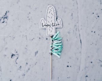 Cactus Cake Topper / Silver Modern Calligraphy / Custom Hand Lettered / Mint Silver Green / Mini Tassels / Baby / Handmade
