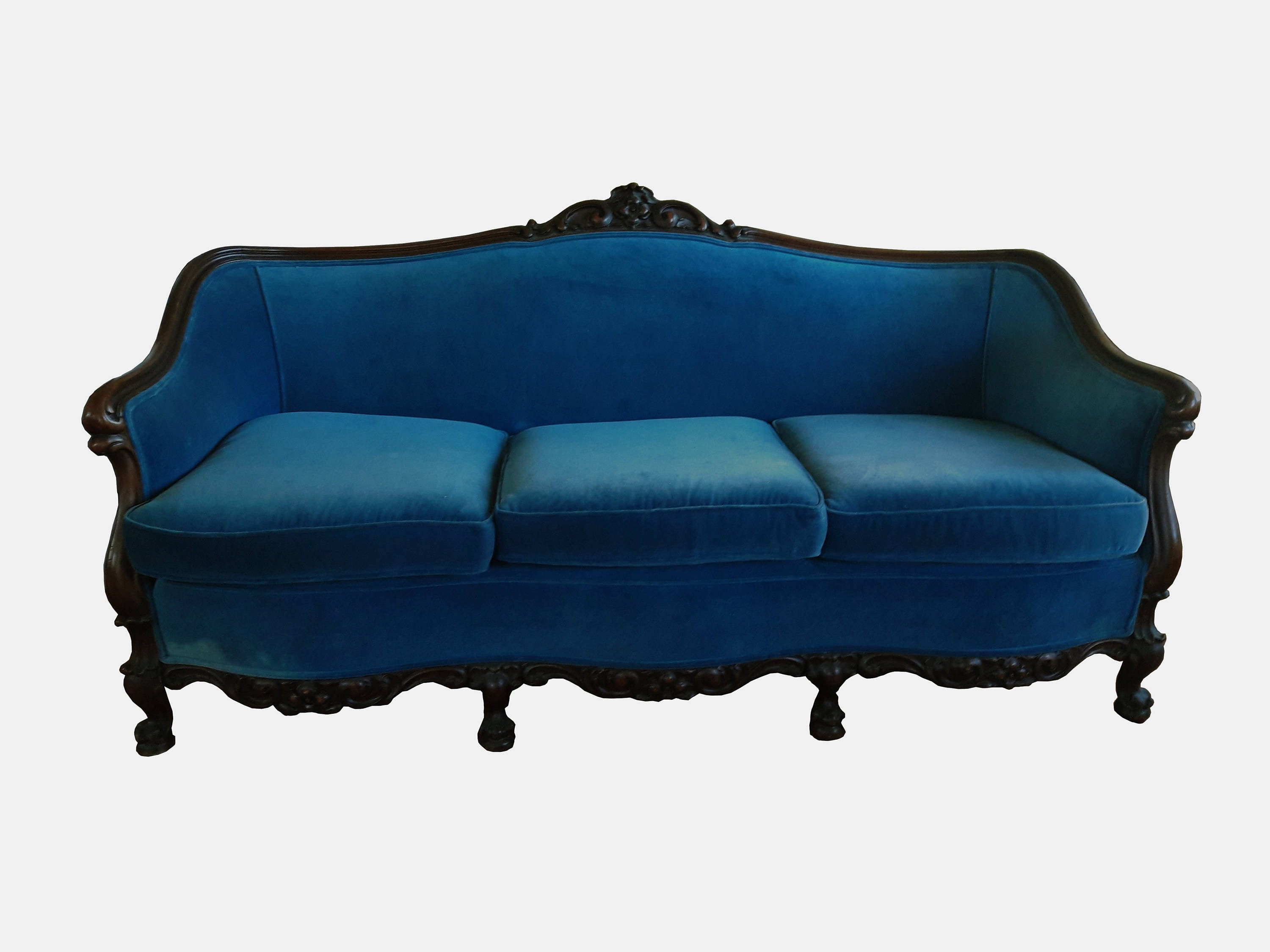 Antique Victorian Mahogany Blue Velvet Couch French Style