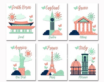 Baby girl nursery cities print travel wall art kids room decor playroom decoration world posters Paris London new York Italy coral turquoise