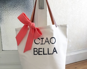 Tote Bag Ciao Bella - bag handmade with a node in decorative linen and an inner pocket with